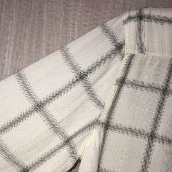 CK Jeans L Cotton White Gray Lurex Plaid Long Sleeve Snap Front Relaxed Shirt - Picture 10 of 15